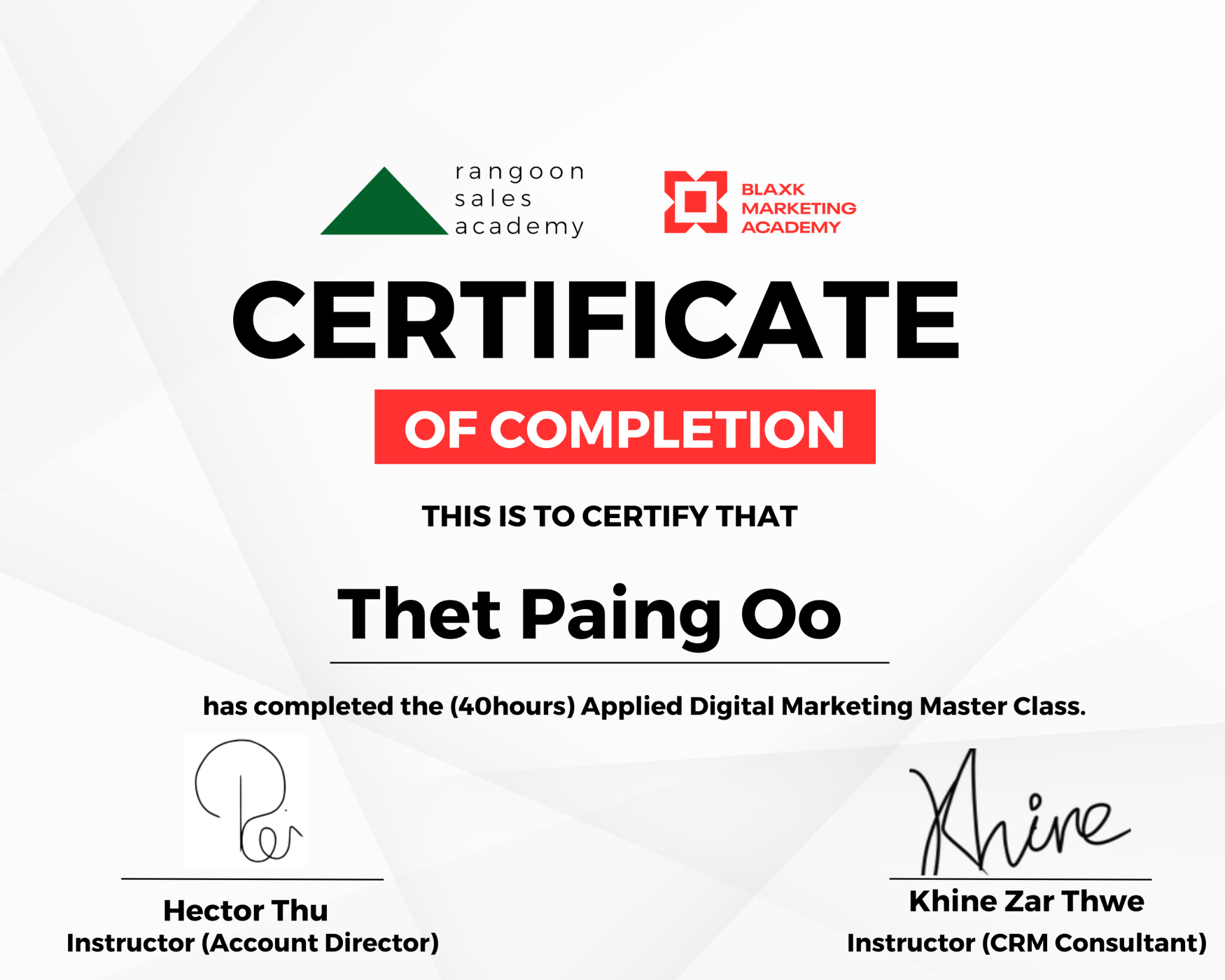 Applied Digital Marketing Master Class Certificate